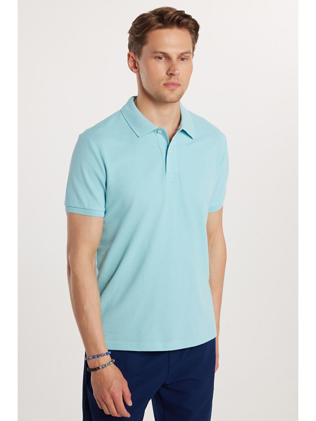 Erkek Slim Fit Dar Kesim %100 Pamuk Mavi Polo Yaka Tişört-3