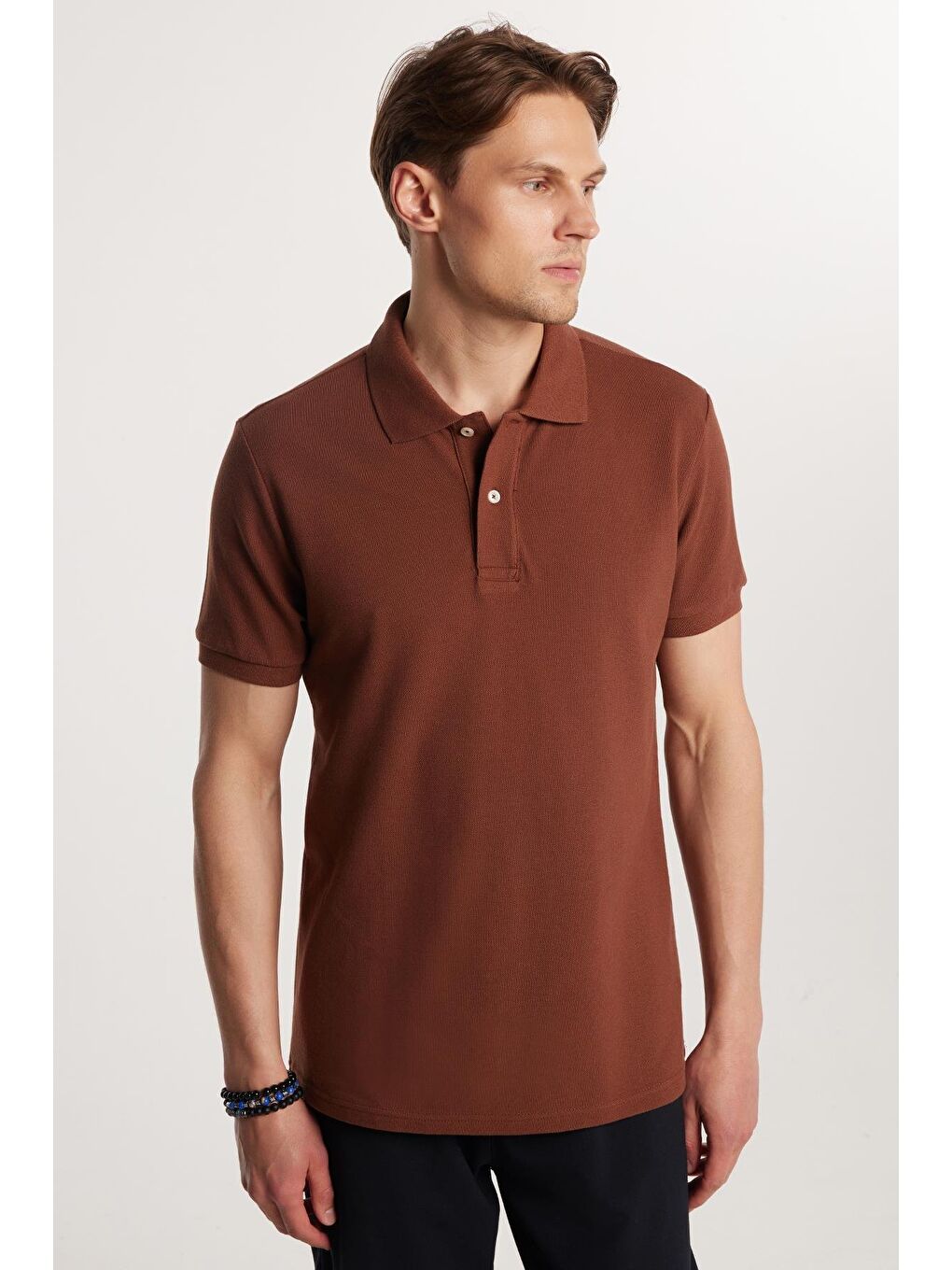 Erkek Slim Fit Dar Kesim %100 Pamuk Düz Pike Kahverengi Polo Yaka Tişört-1