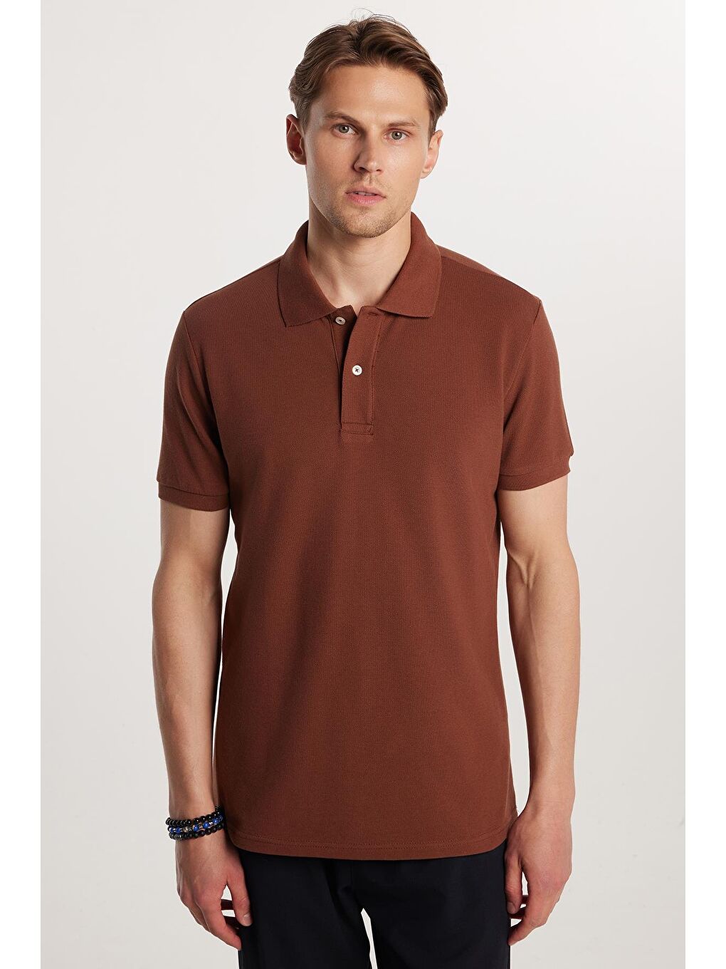 Erkek Slim Fit Dar Kesim %100 Pamuk Düz Pike Kahverengi Polo Yaka Tişört-3