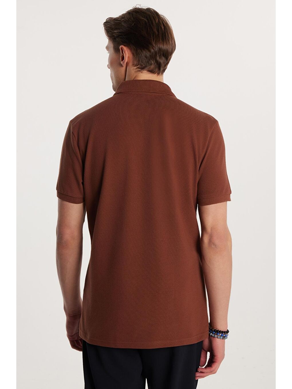 Erkek Slim Fit Dar Kesim %100 Pamuk Düz Pike Kahverengi Polo Yaka Tişört-4