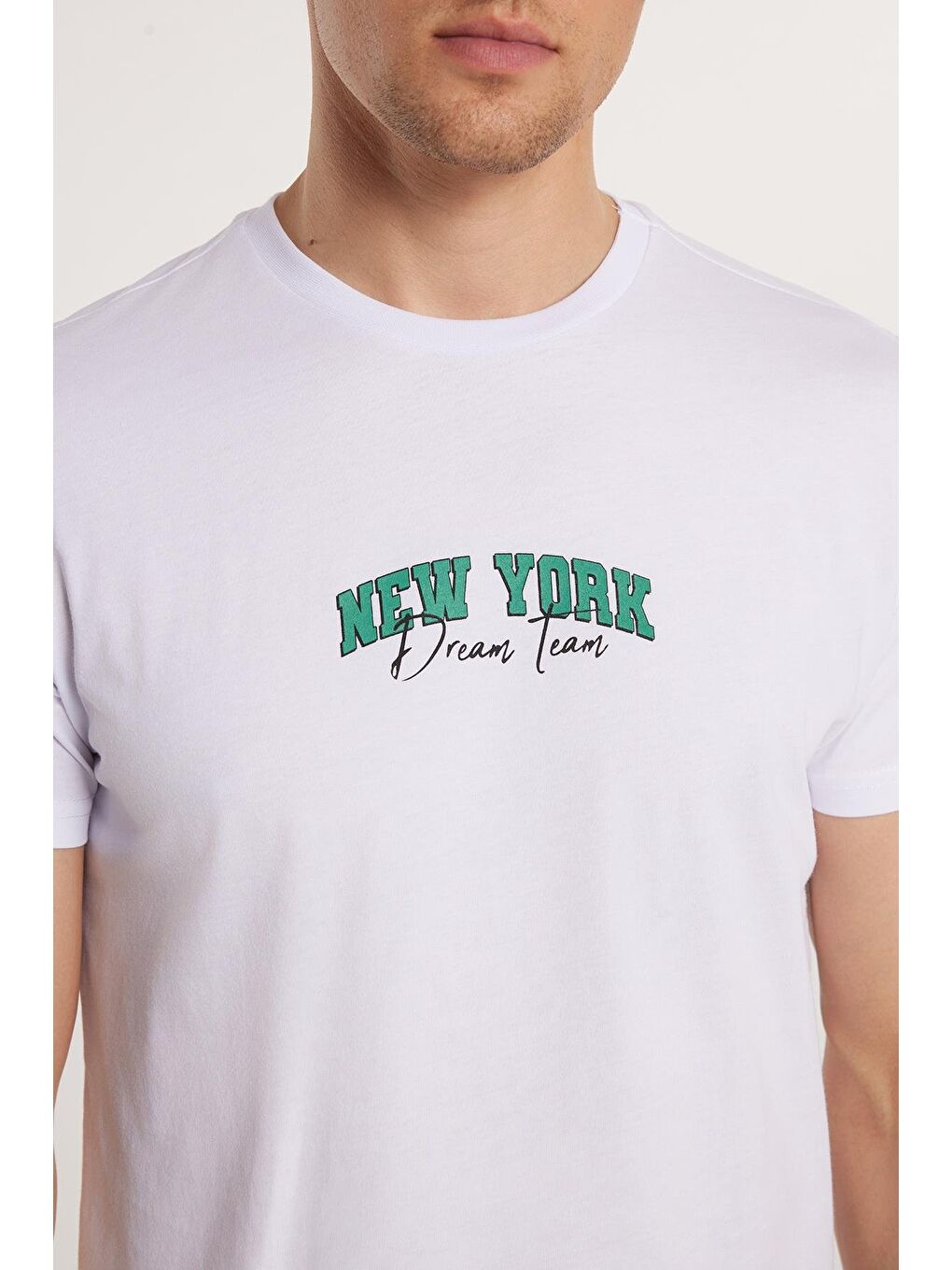 Erkek Slim Fit Dar Kesim %100 Pamuk Yumuşak Dokulu Baskılı Beyaz Bisiklet Yaka Tişört-2