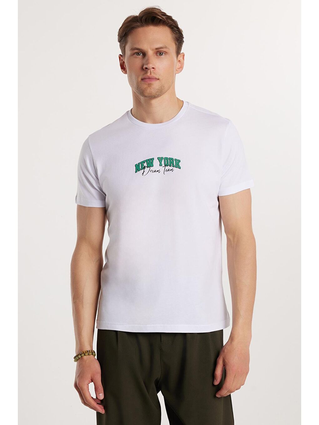 Erkek Slim Fit Dar Kesim %100 Pamuk Yumuşak Dokulu Baskılı Beyaz Bisiklet Yaka Tişört-3