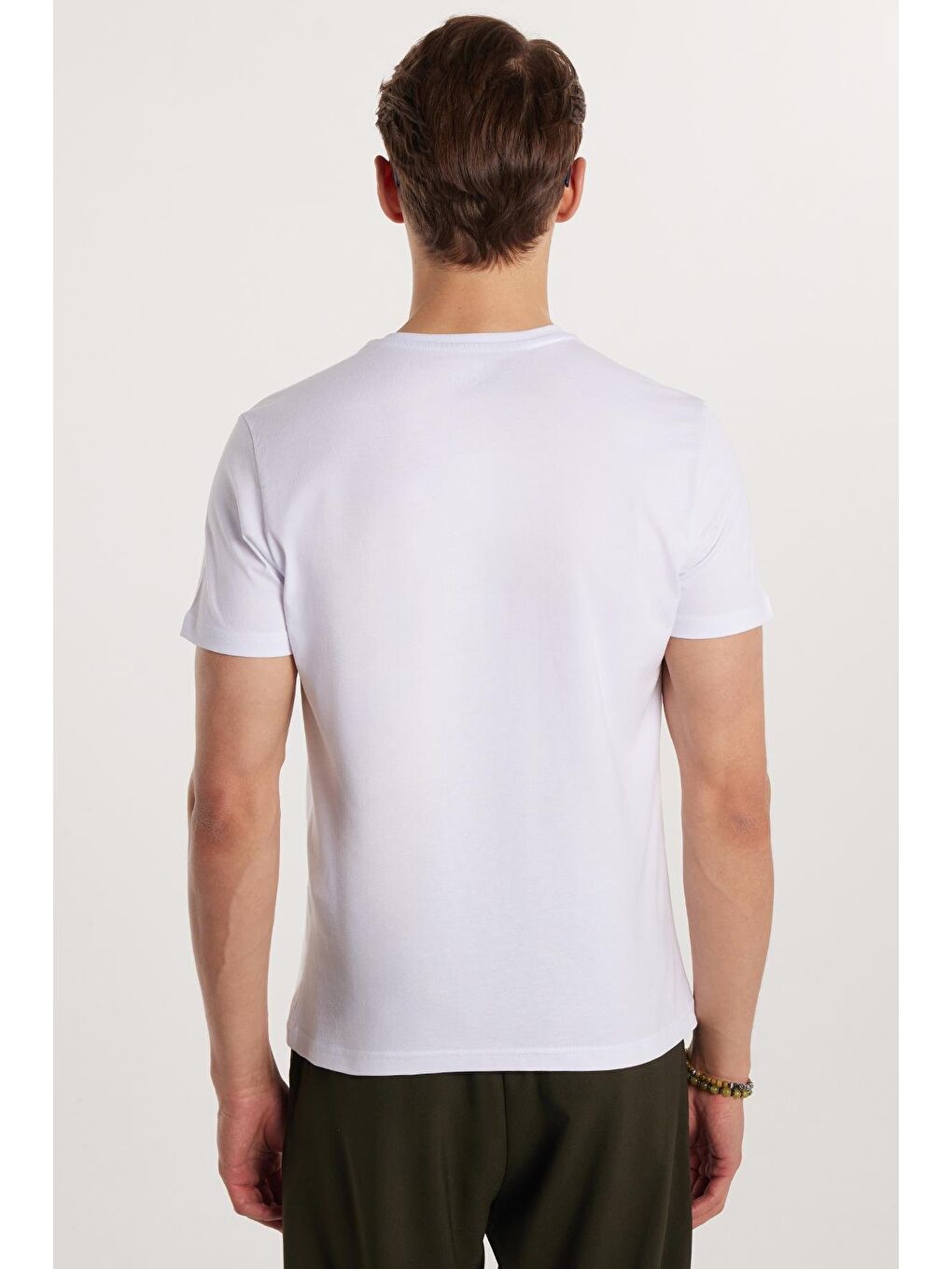 Erkek Slim Fit Dar Kesim %100 Pamuk Yumuşak Dokulu Baskılı Beyaz Bisiklet Yaka Tişört-4