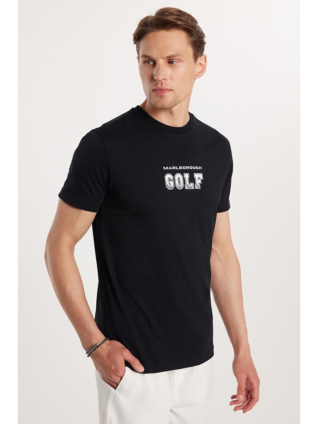 Erkek Slim Fit Dar Kesim %100 Pamuk Yumuşak Dokulu Baskılı Siyah Bisiklet Yaka Tişört-1