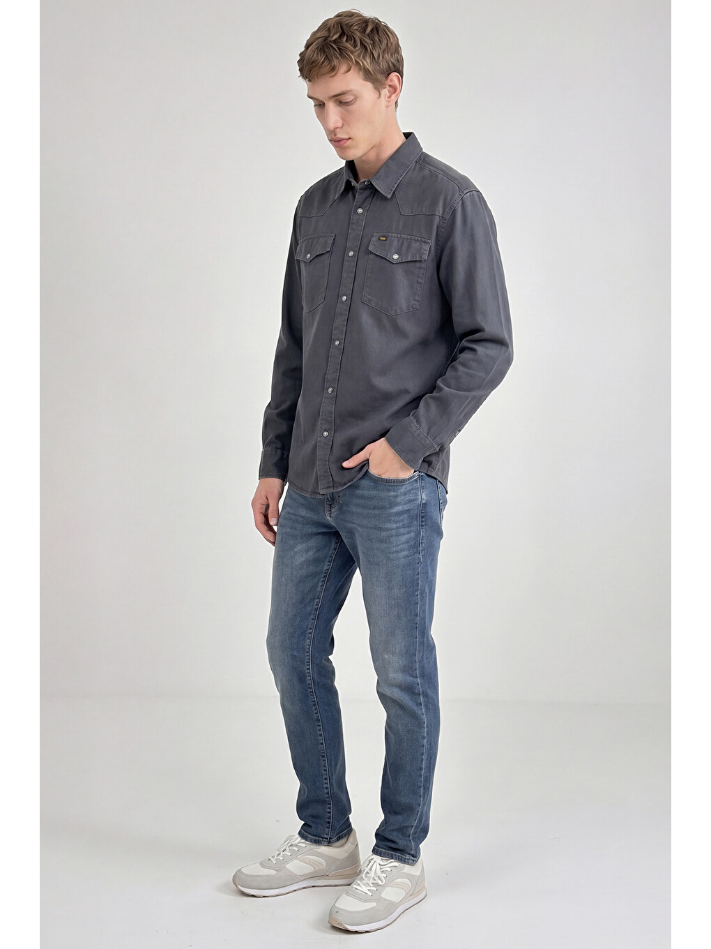 Antrasit %100 Pamuk Western Regular Fit Normal Kesim Cepli Gömlek-1