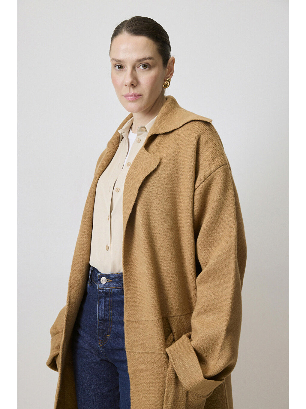 Kahverengi Beli Kemerli Uzun Triko Hırka-2