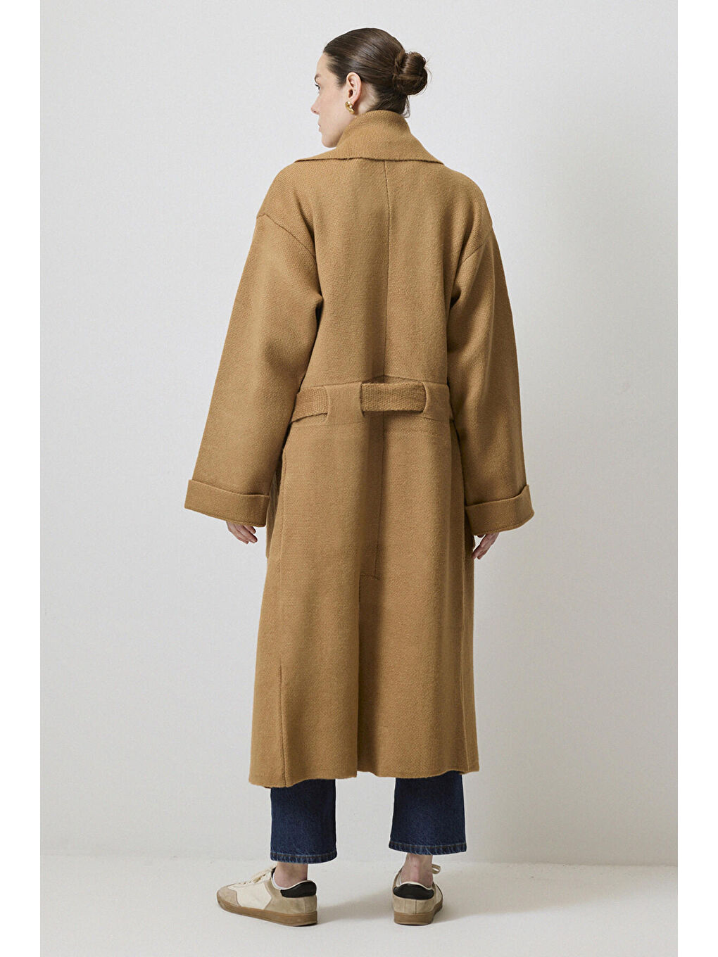 Kahverengi Beli Kemerli Uzun Triko Hırka-3