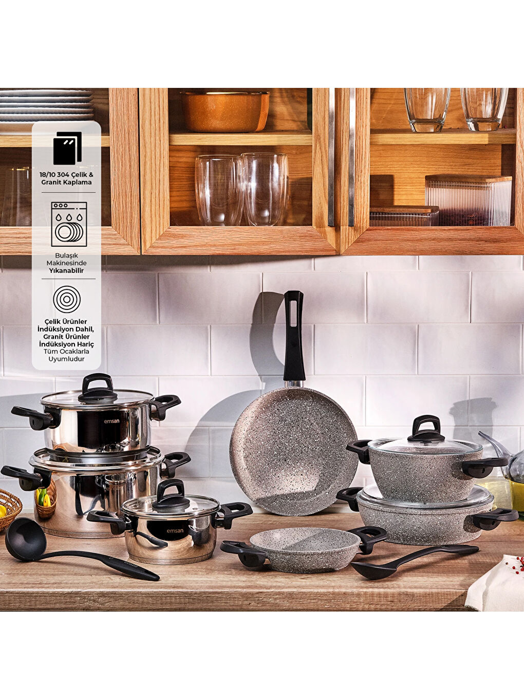 Gri Experto 14 Parça Yanmaz Yapışmaz ve Çelik Tencere Seti-7