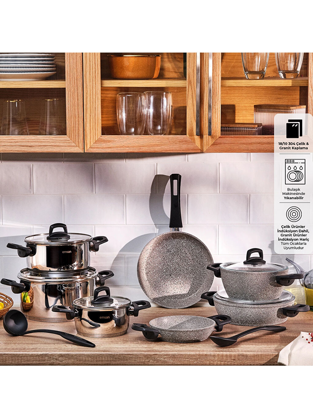 Gri Experto 14 Parça Yanmaz Yapışmaz ve Çelik Tencere Seti-8