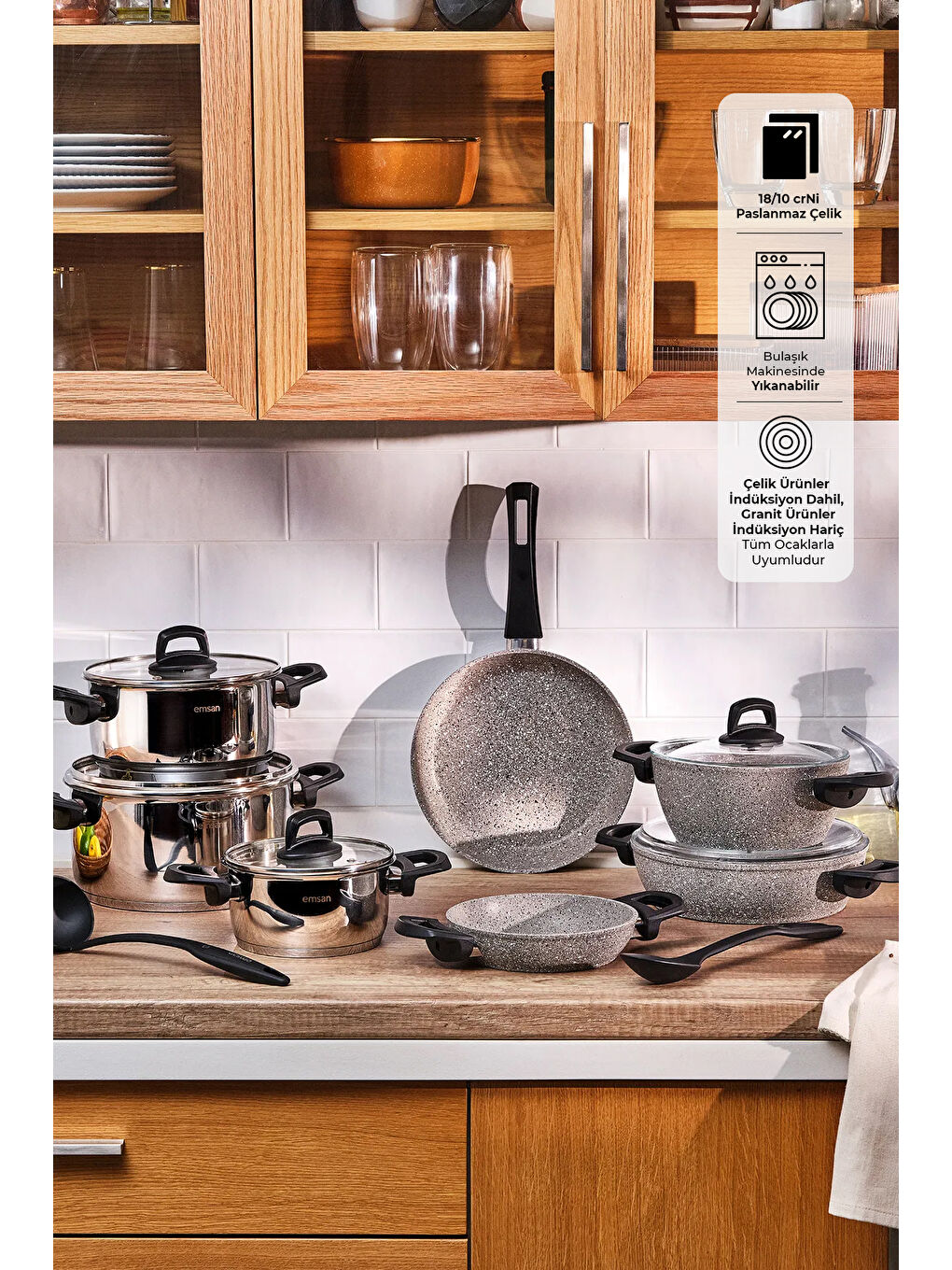 Gri Experto 14 Parça Yanmaz Yapışmaz ve Çelik Tencere Seti-1