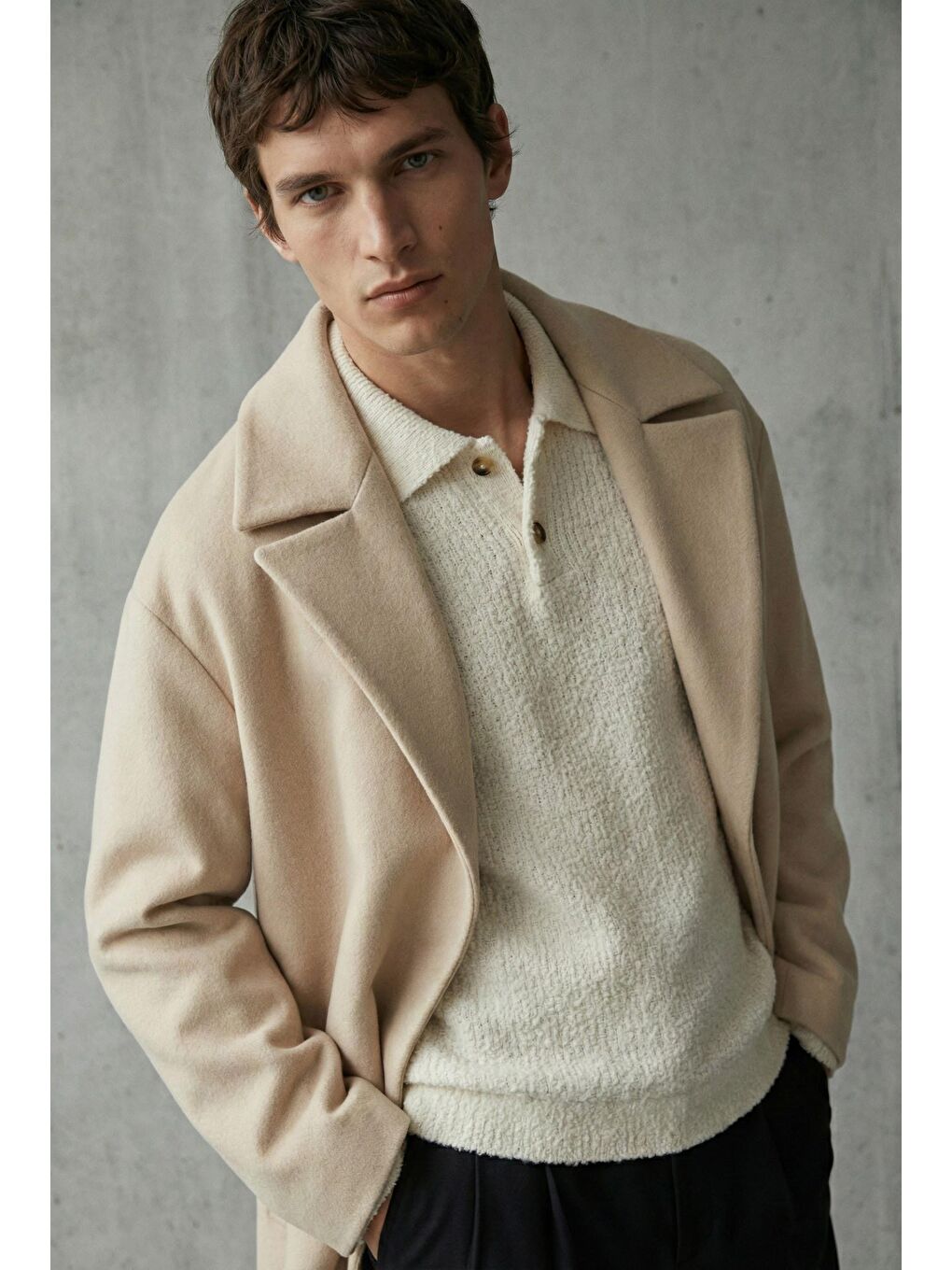 Erkek Oversize İtalyan Kaşe Kaban Bej-3