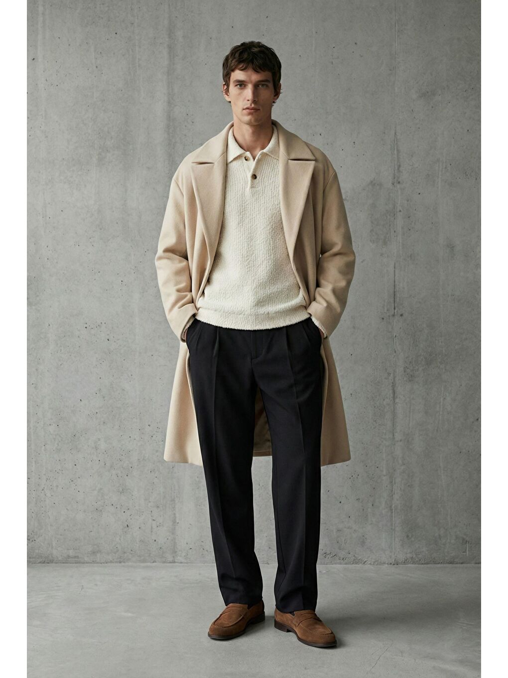 Erkek Oversize İtalyan Kaşe Kaban Bej-4