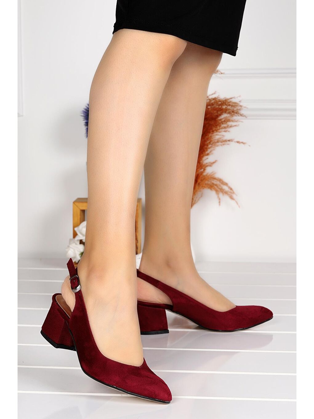 Bordo Süet 5 Cm Topuklu Kadın Ayakkabı 97544-307