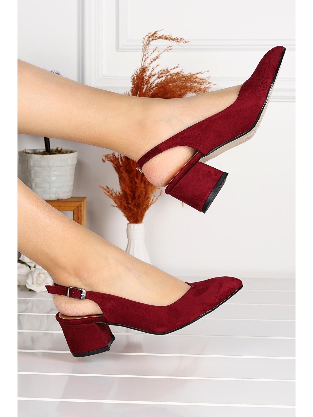 Bordo Süet 5 Cm Topuklu Kadın Ayakkabı 97544-307-2