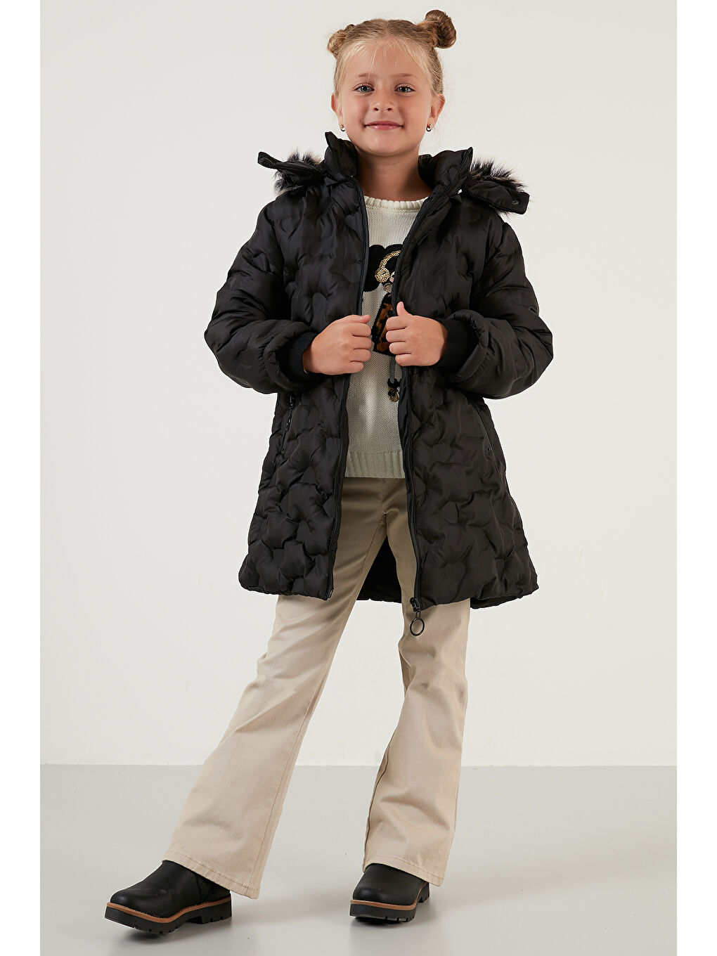 Siyah Yakası Suni Kürklü Çıkarılabilir Kapüşonlu Pelüş Astarlı Kışlık Uzun Kız Çocuk 5760003