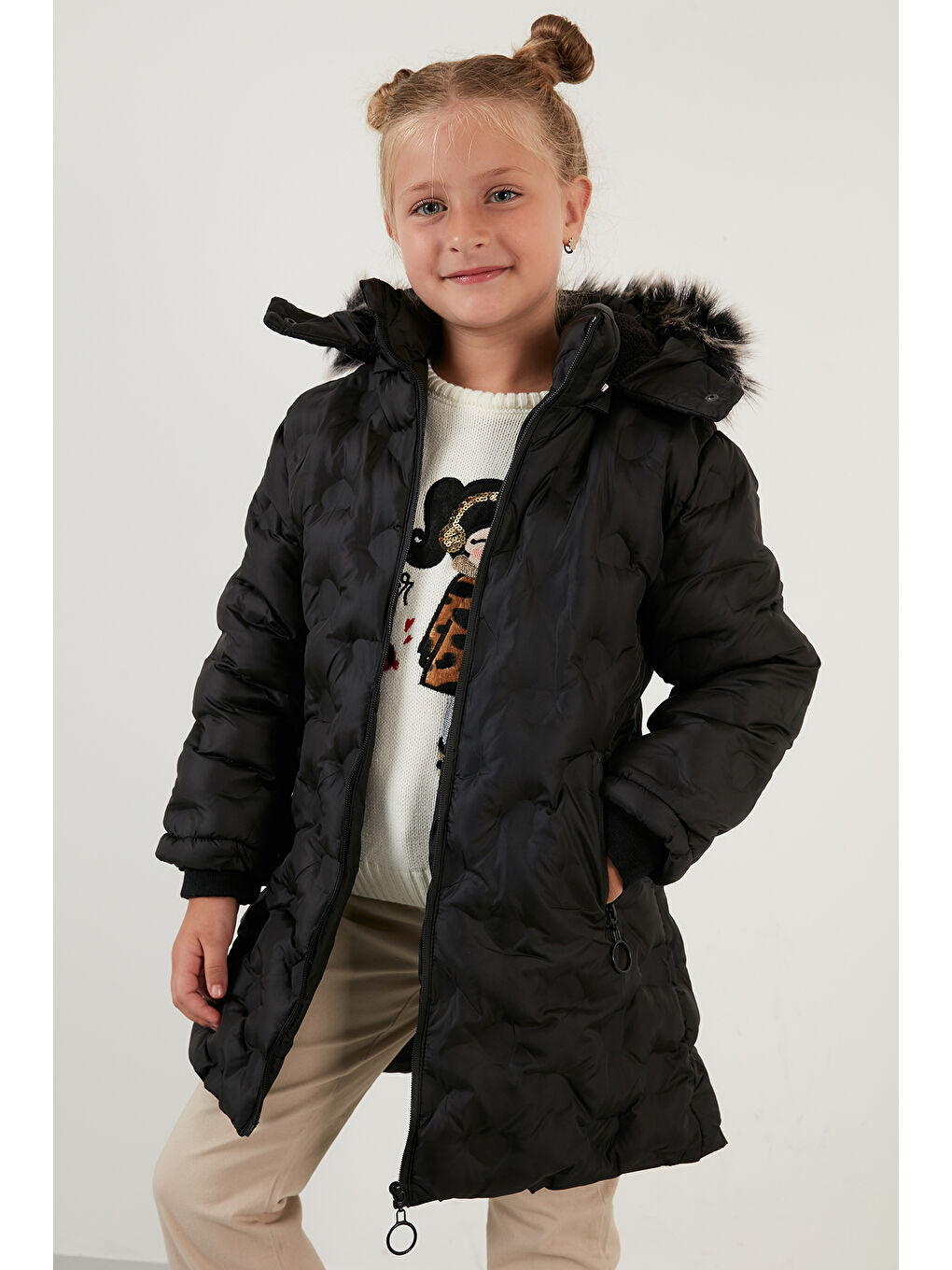Siyah Yakası Suni Kürklü Çıkarılabilir Kapüşonlu Pelüş Astarlı Kışlık Uzun Kız Çocuk 5760003-1