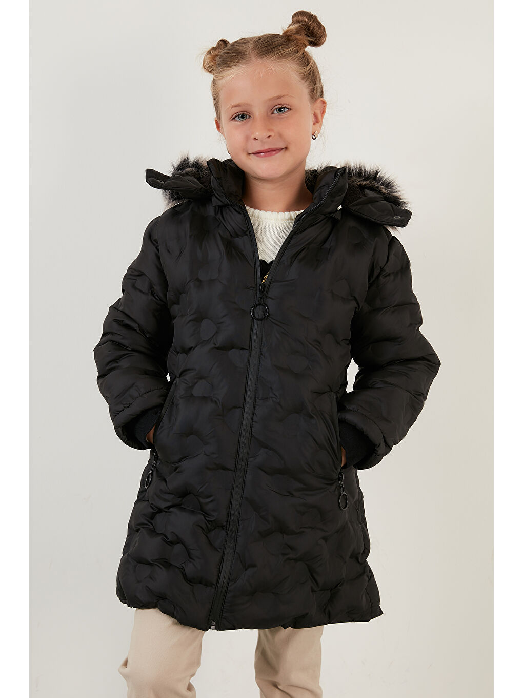 Siyah Yakası Suni Kürklü Çıkarılabilir Kapüşonlu Pelüş Astarlı Kışlık Uzun Kız Çocuk 5760003-2