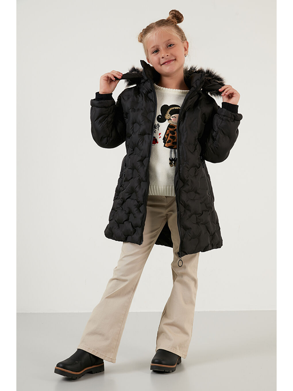 Siyah Yakası Suni Kürklü Çıkarılabilir Kapüşonlu Pelüş Astarlı Kışlık Uzun Kız Çocuk 5760003-3