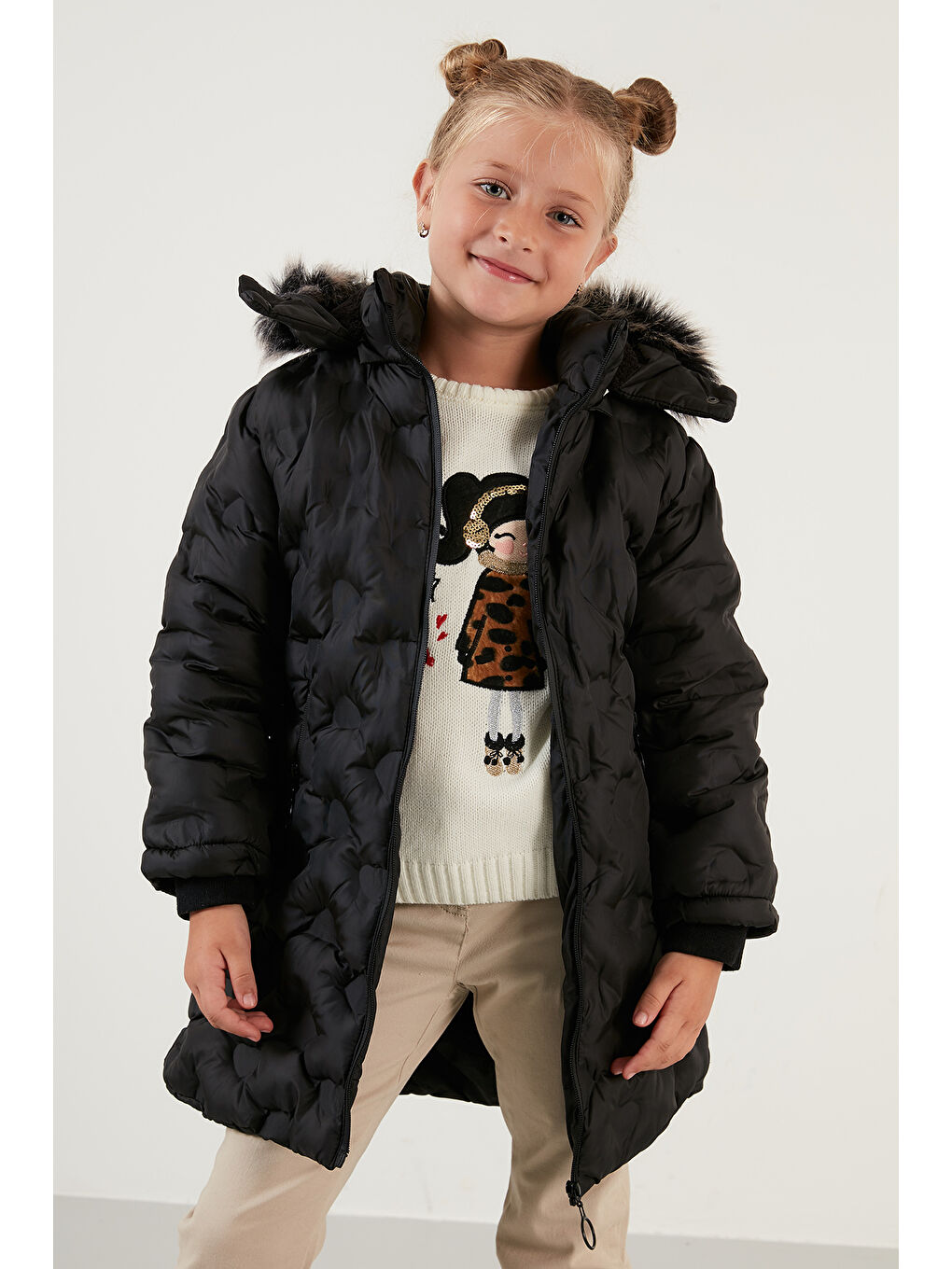 Siyah Yakası Suni Kürklü Çıkarılabilir Kapüşonlu Pelüş Astarlı Kışlık Uzun Kız Çocuk 5760003-7