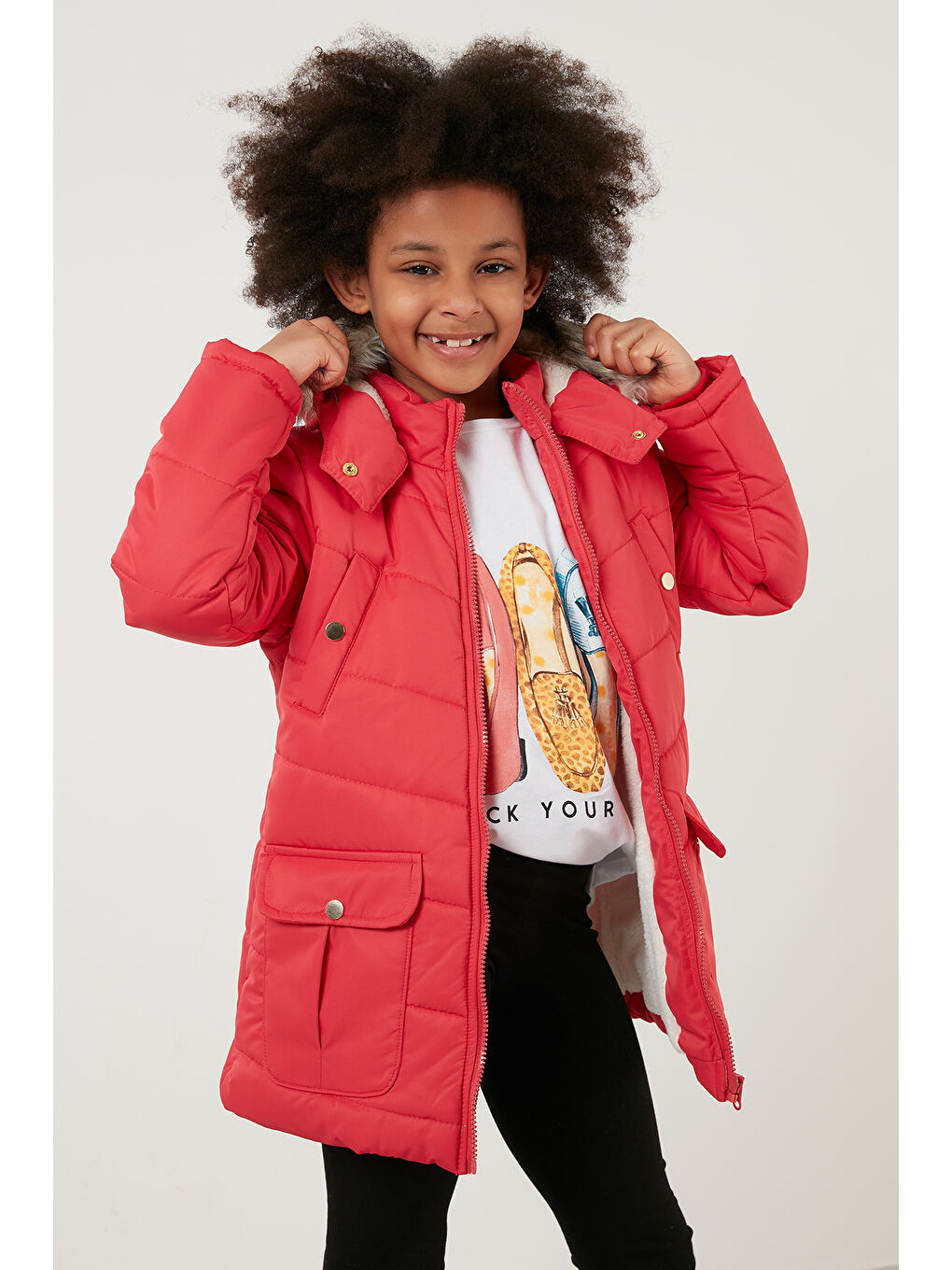 Kırmızı Yakası Suni Kürklü İçi Pelüş Astarlı Kapüşonlu Cepli Kız Çocuk Mont 6034040-4