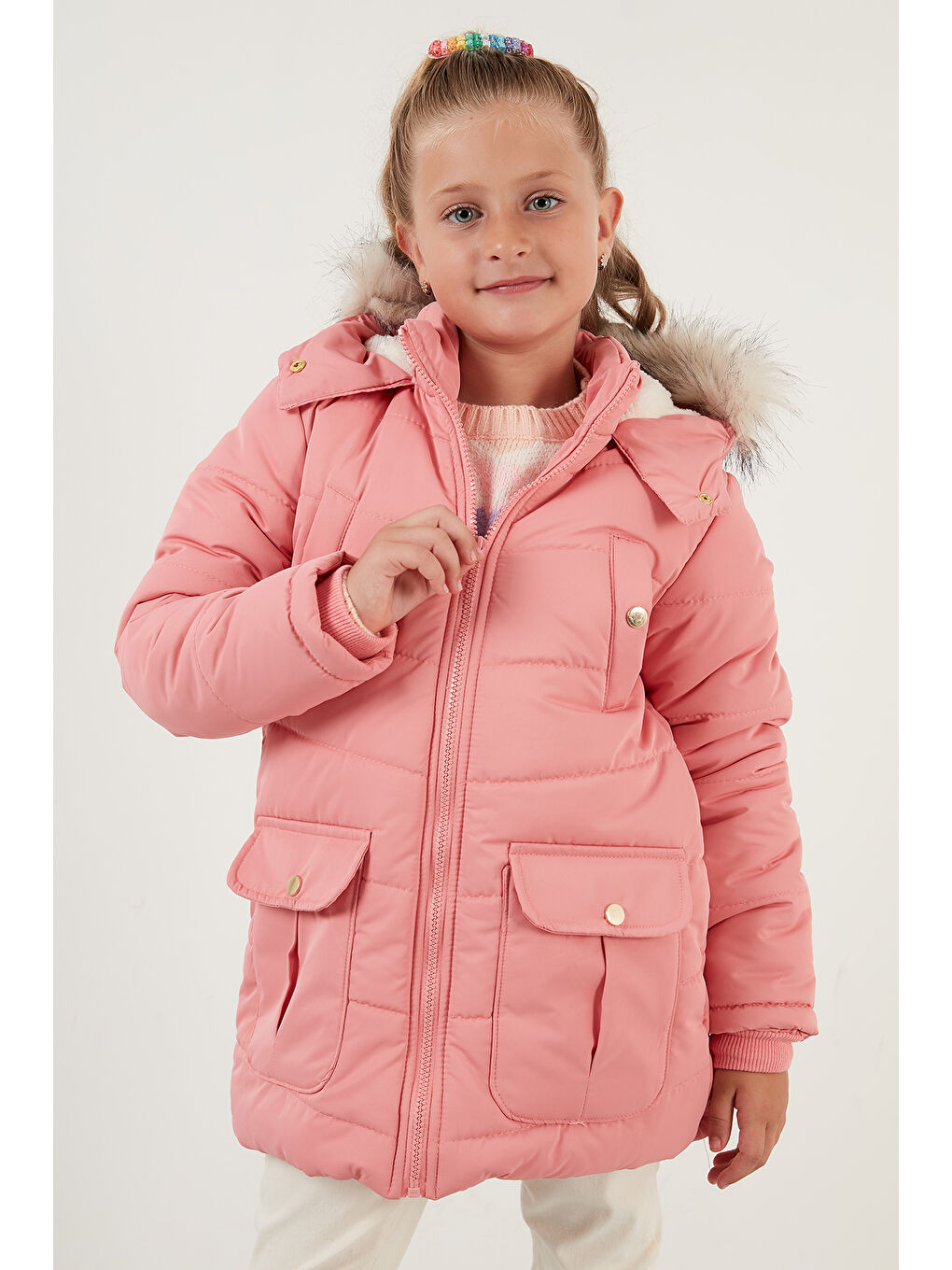 Pembe Yakası Suni Kürklü İçi Peluş Astarlı Kapüşonlu Cepli Mont 6034040-1