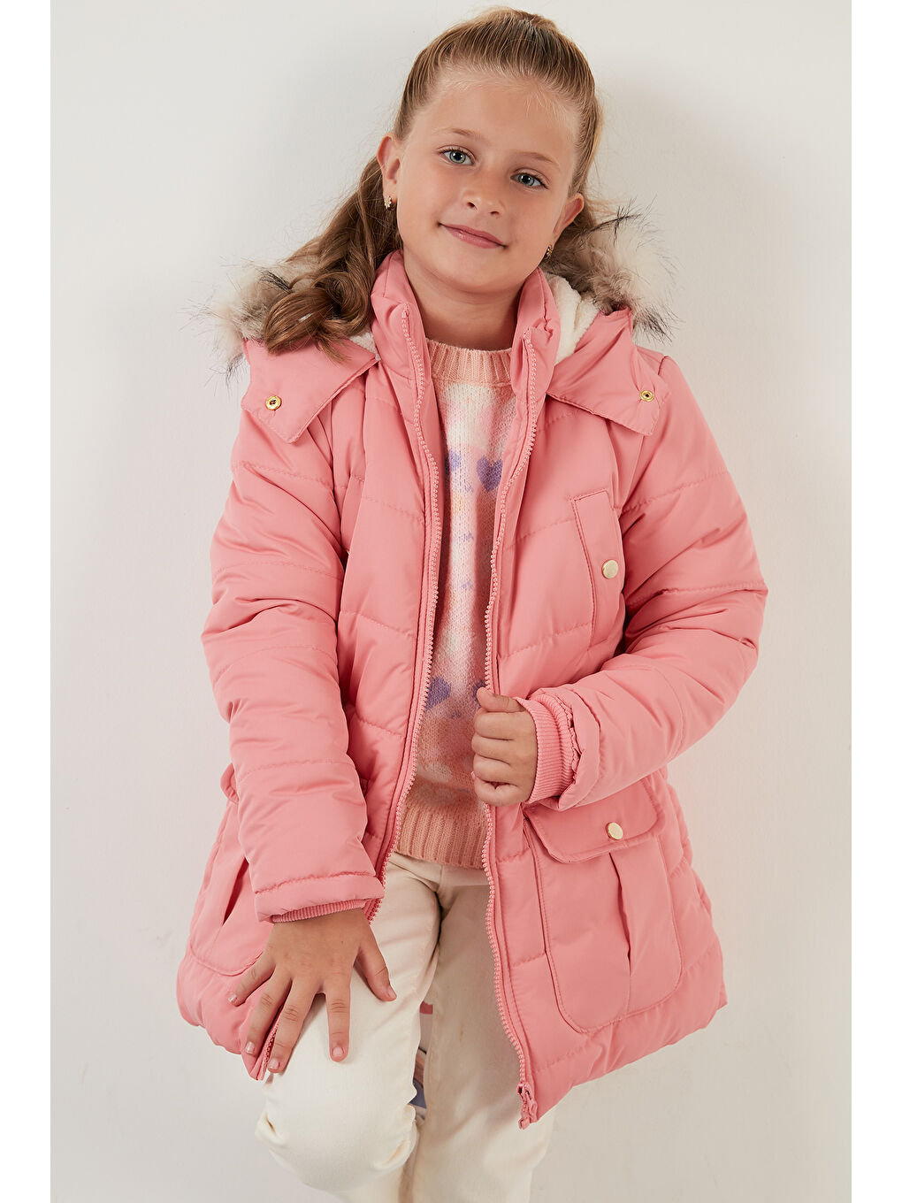 Pembe Yakası Suni Kürklü İçi Peluş Astarlı Kapüşonlu Cepli Mont 6034040-2