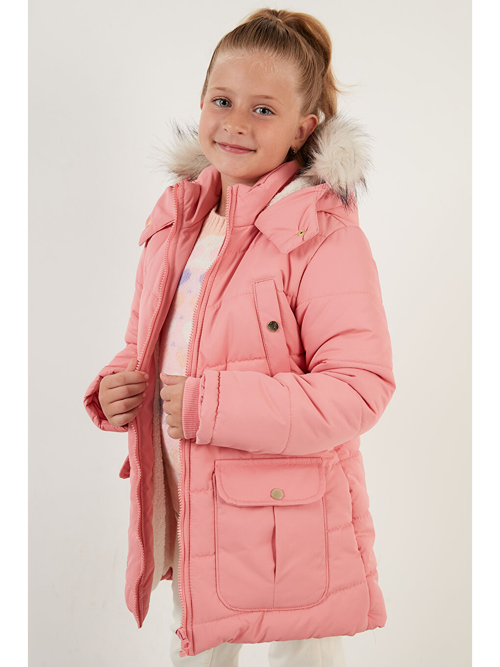 Pembe Yakası Suni Kürklü İçi Peluş Astarlı Kapüşonlu Cepli Mont 6034040-4