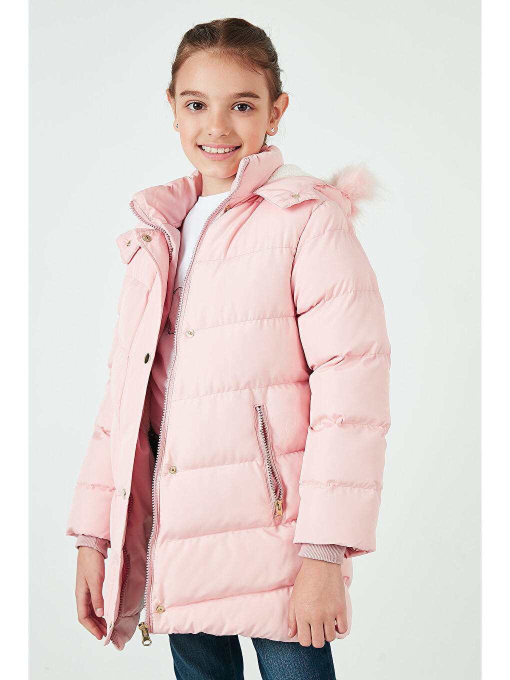 Pembe Yakası Suni Kürklü Peluş Astarlı Kapüşonlu Kışlık Şişme Mont 6035018-2