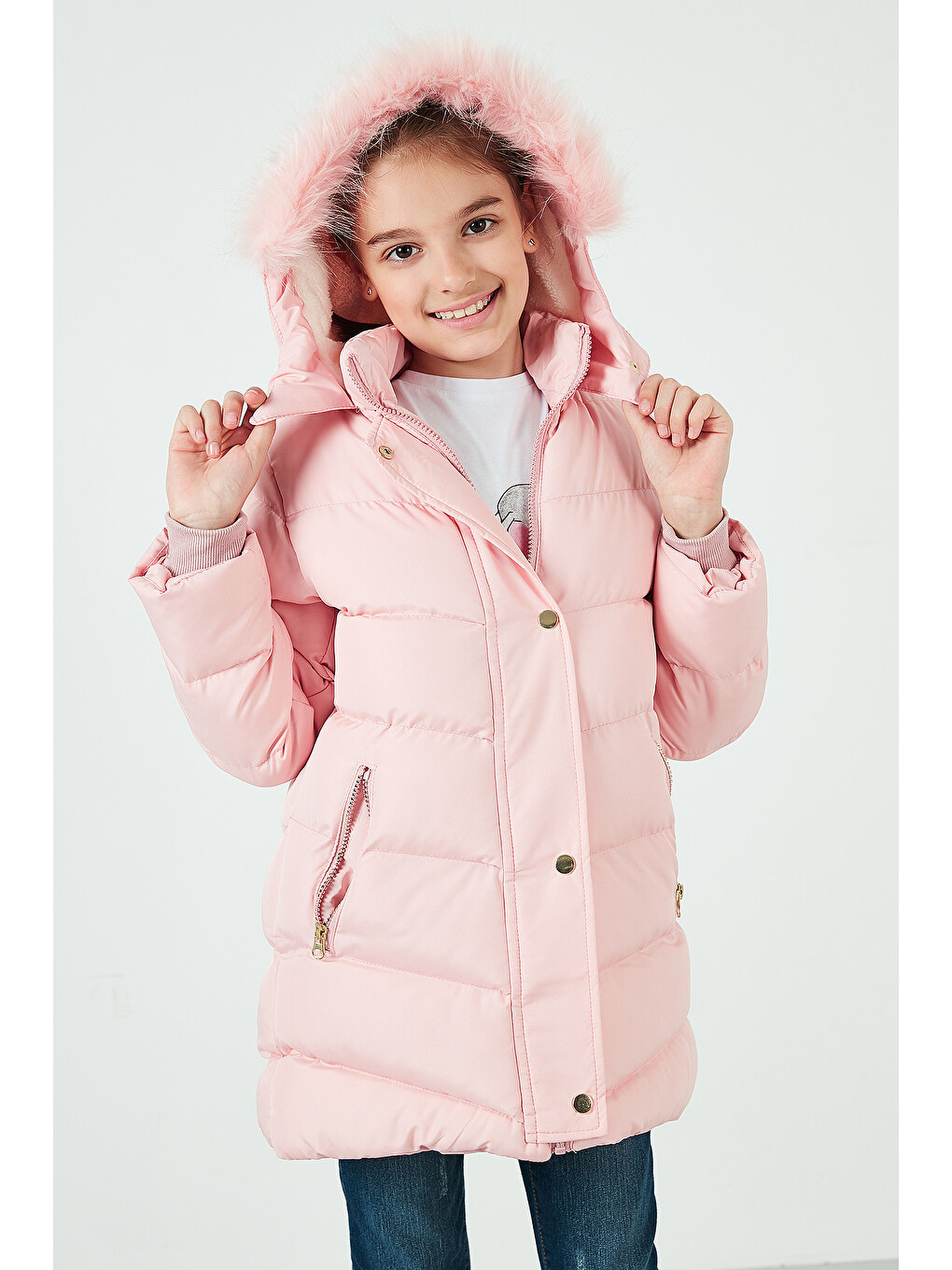 Pembe Yakası Suni Kürklü Peluş Astarlı Kapüşonlu Kışlık Şişme Mont 6035018-3