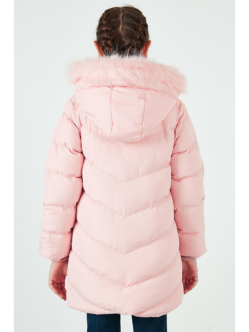 Pembe Yakası Suni Kürklü Peluş Astarlı Kapüşonlu Kışlık Şişme Mont 6035018-4