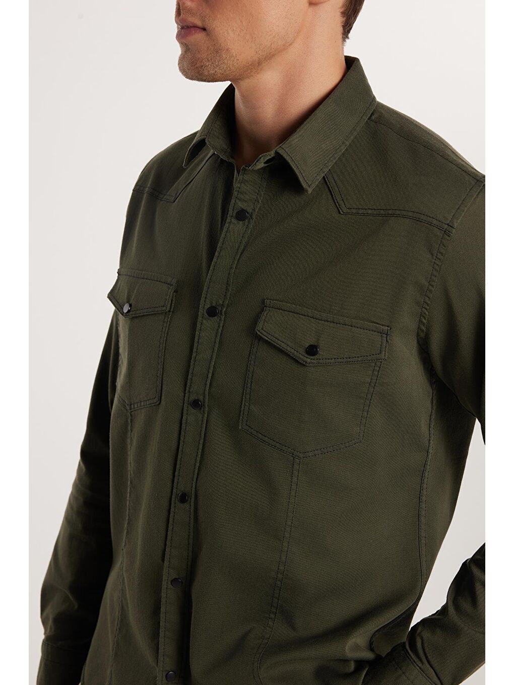 Slim Fit Uzun Kollu Gündelik Denim Jean Unisex Haki Gömlek-3