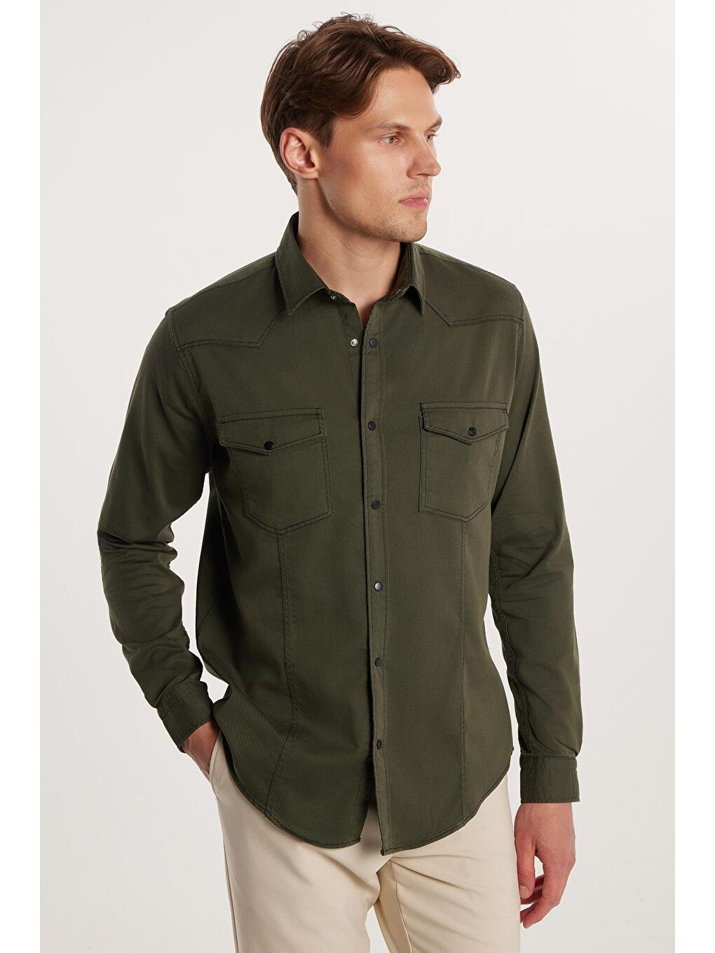 Slim Fit Uzun Kollu Gündelik Denim Jean Unisex Haki Gömlek-4