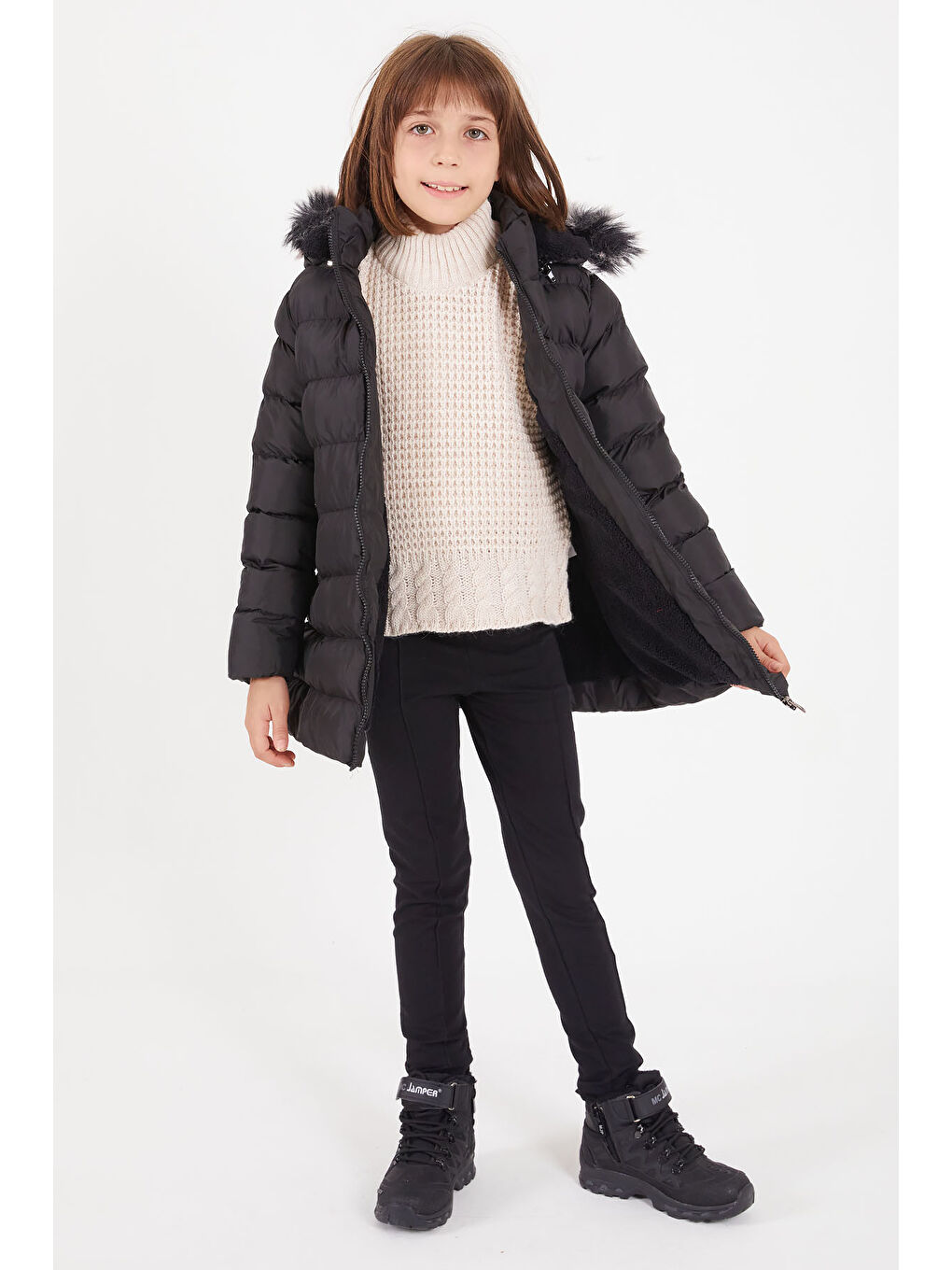 Kız Çocuk Kemerli Şişme Mont Siyah 15499