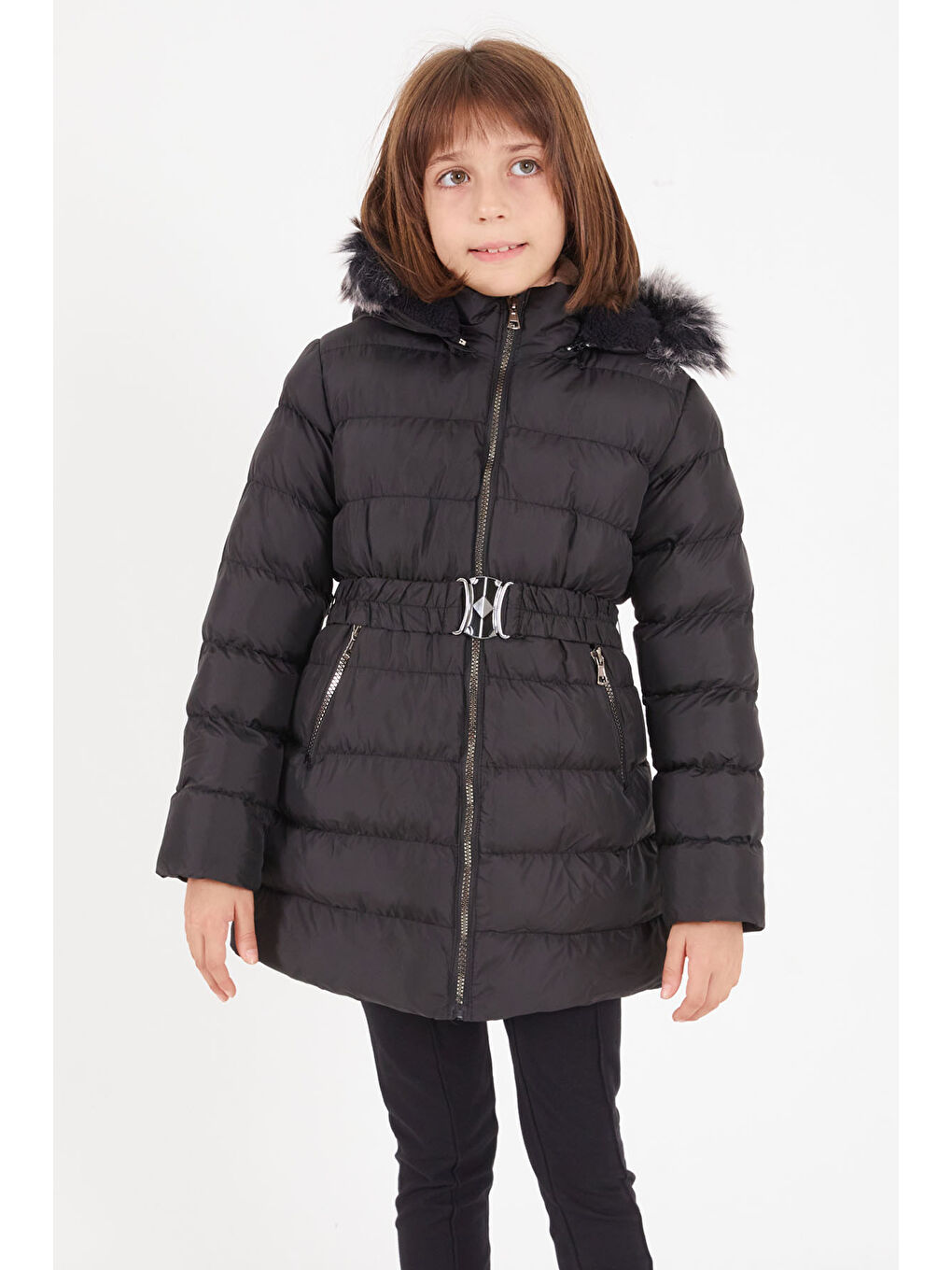 Kız Çocuk Kemerli Şişme Mont Siyah 15499-1