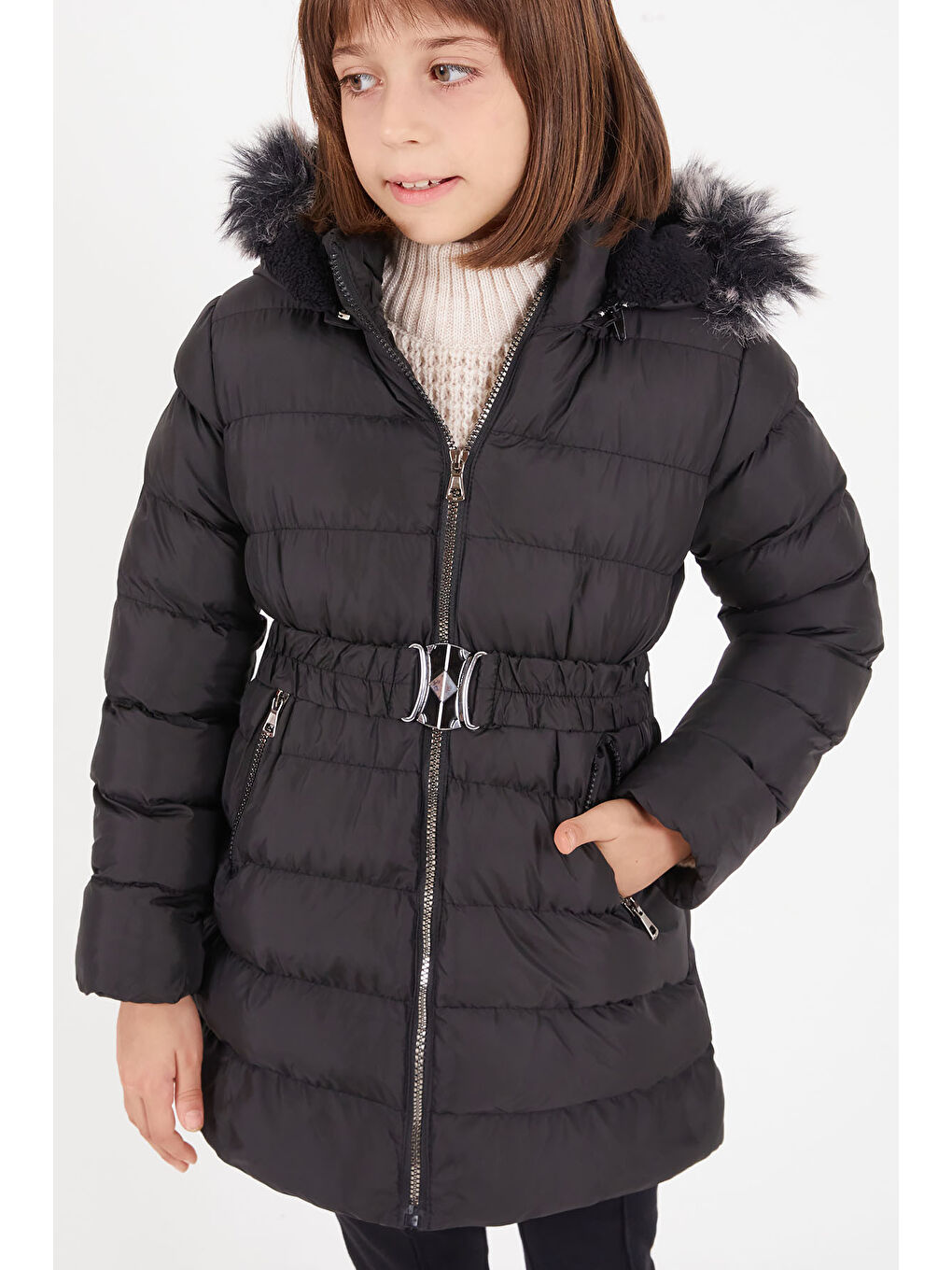 Kız Çocuk Kemerli Şişme Mont Siyah 15499-2
