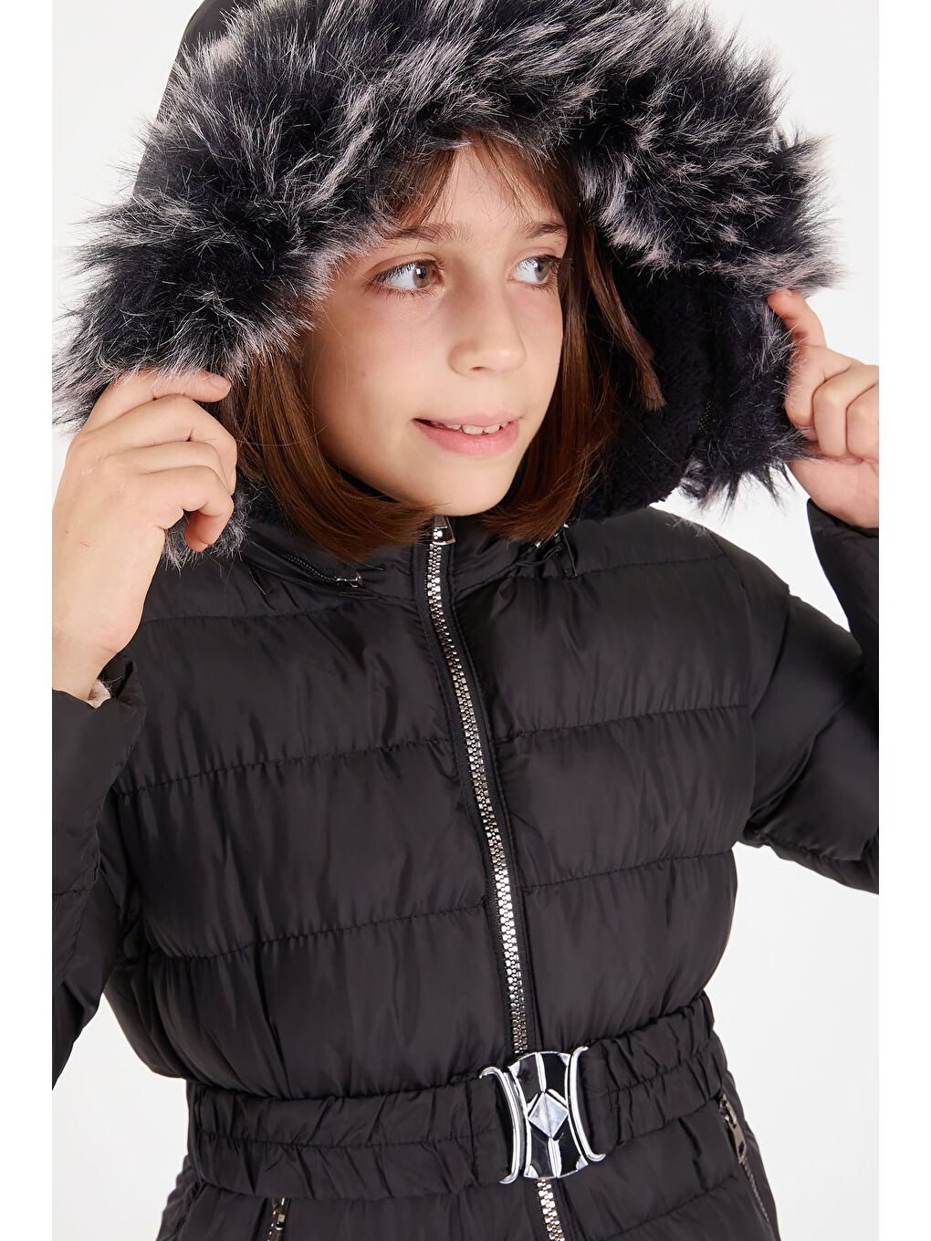 Kız Çocuk Kemerli Şişme Mont Siyah 15499-3