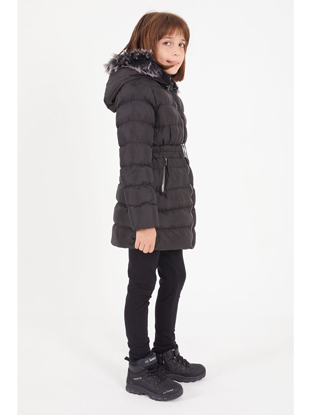 Kız Çocuk Kemerli Şişme Mont Siyah 15499-4