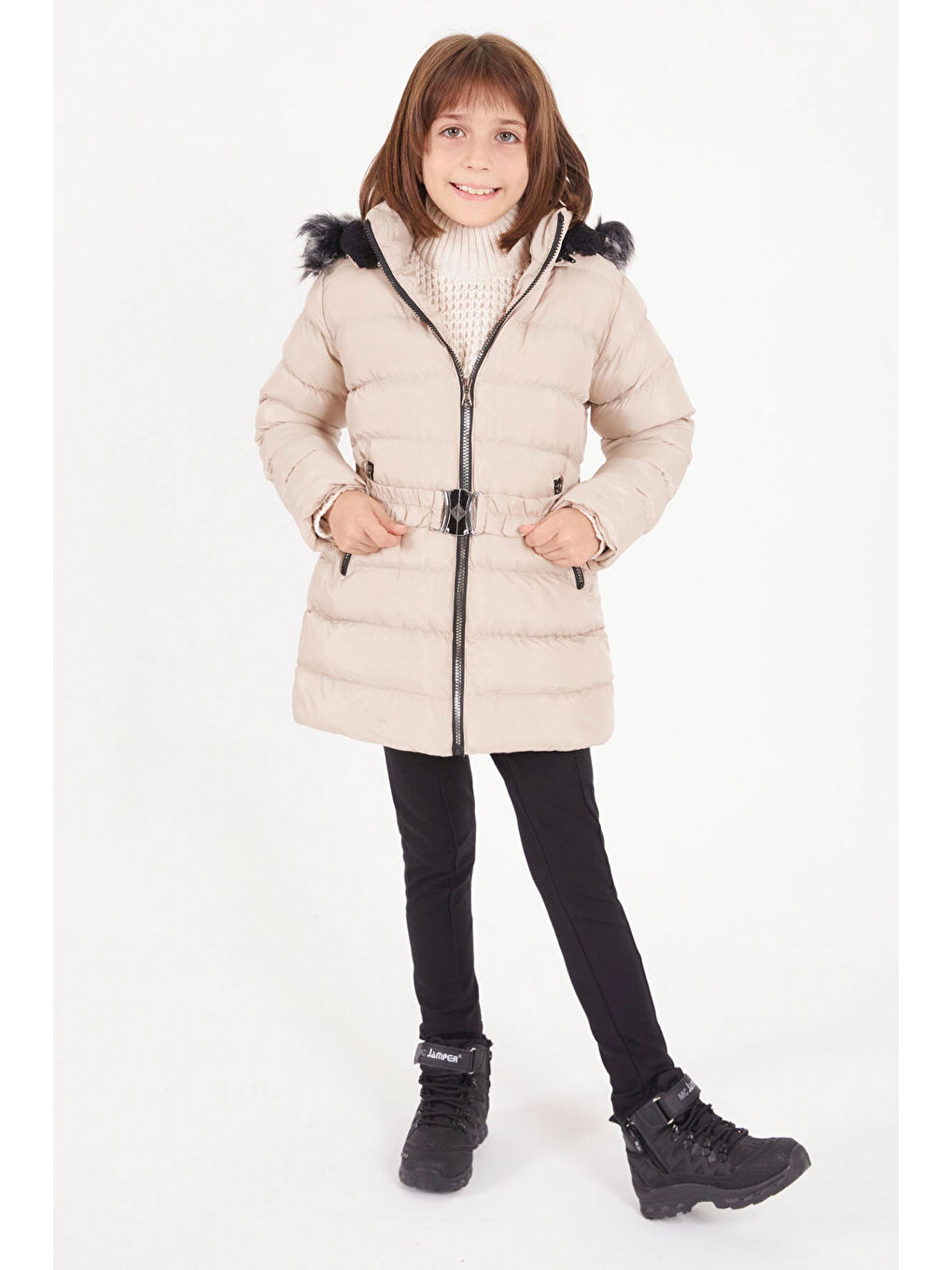 Kız Çocuk Kemerli Şişme Mont Bej 15501-2