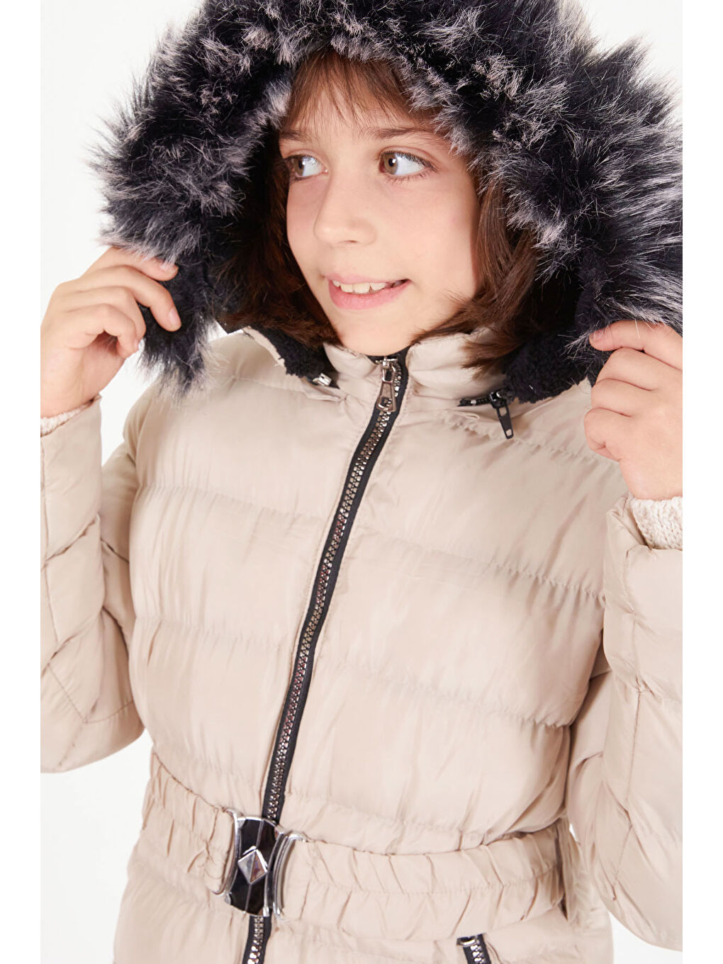 Kız Çocuk Kemerli Şişme Mont Bej 15501-3