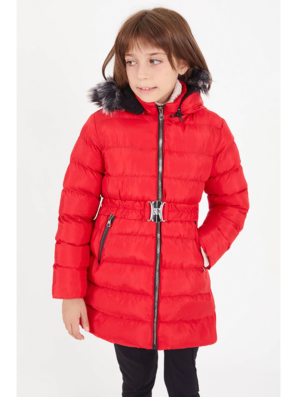 Kız Çocuk Kemerli Şişme Mont Kırmızı 16356-1