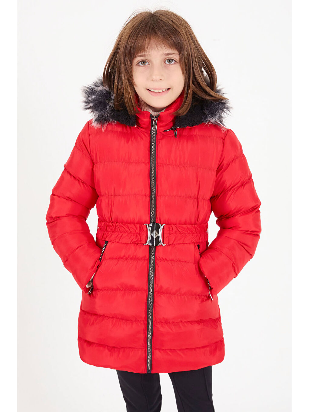 Kız Çocuk Kemerli Şişme Mont Kırmızı 16356-2