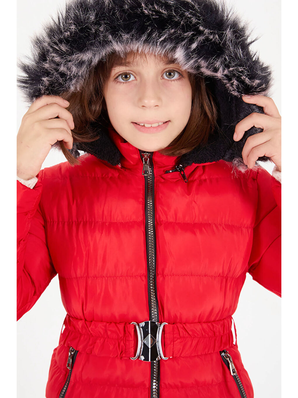 Kız Çocuk Kemerli Şişme Mont Kırmızı 16356-3