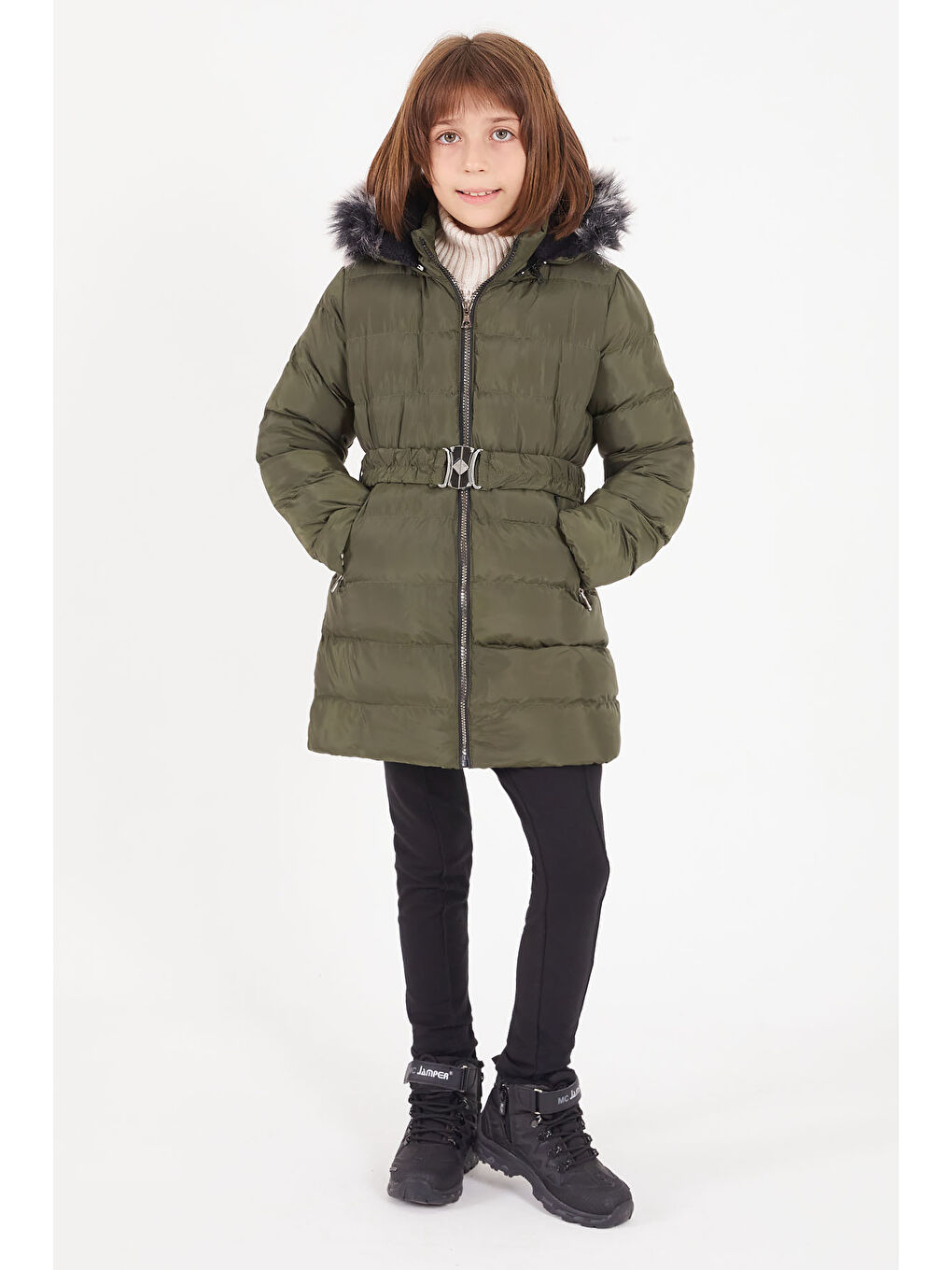 Kız Çocuk Kemerli Şişme Mont Yeşil 16363-1