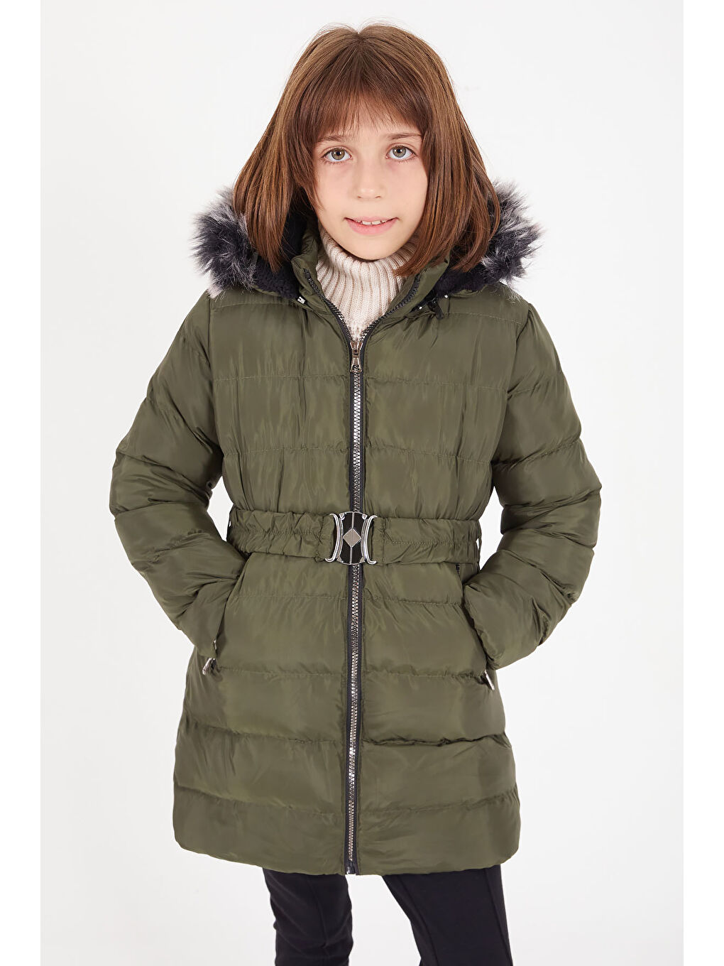 Kız Çocuk Kemerli Şişme Mont Yeşil 16363-2