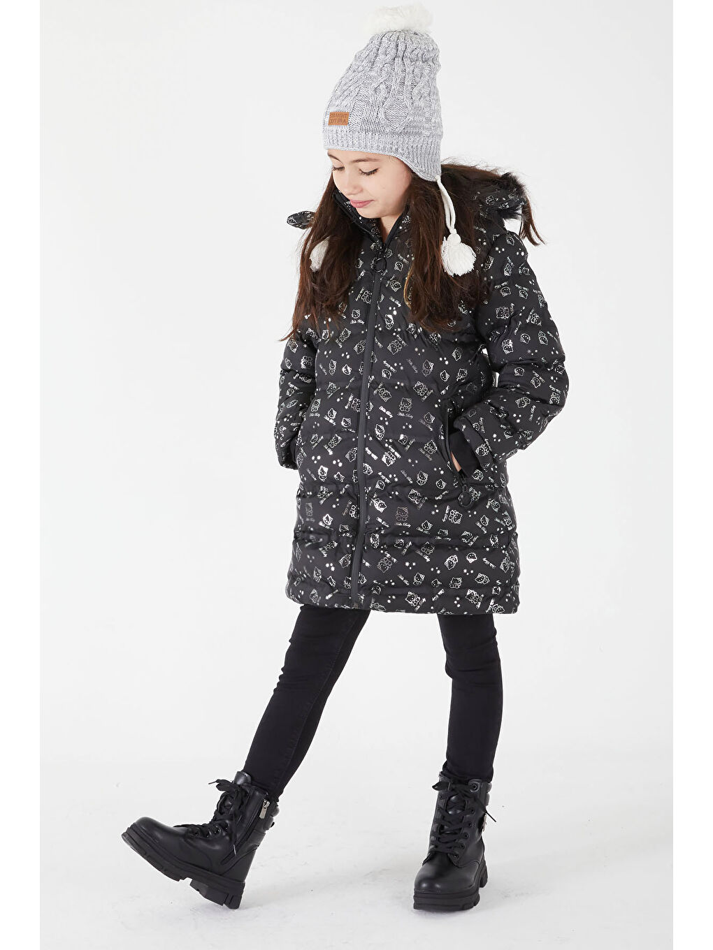 Kız Çocuk Karakter Baskılı Şişme Mont Siyah 15496-3