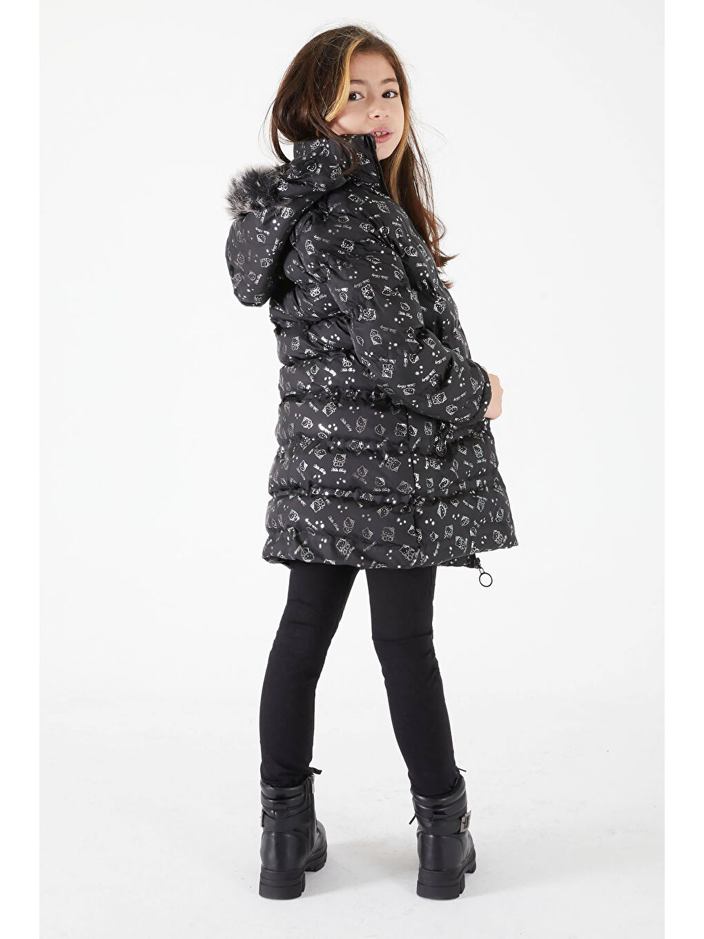 Kız Çocuk Karakter Baskılı Şişme Mont Siyah 15496-4
