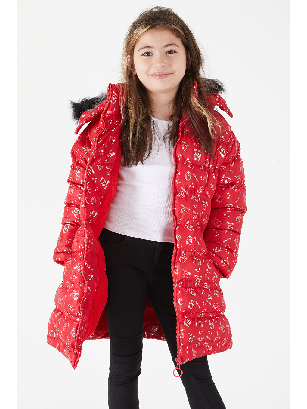 Kız Çocuk Karakter Baskılı Şişme Mont Kırmızı 15549-1