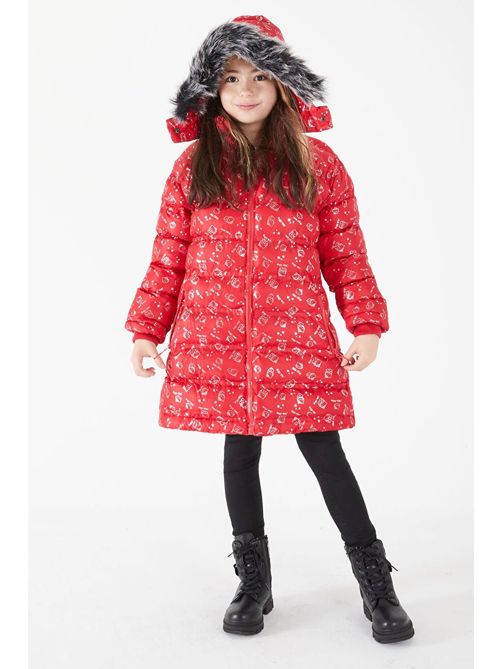 Kız Çocuk Karakter Baskılı Şişme Mont Kırmızı 15549-2