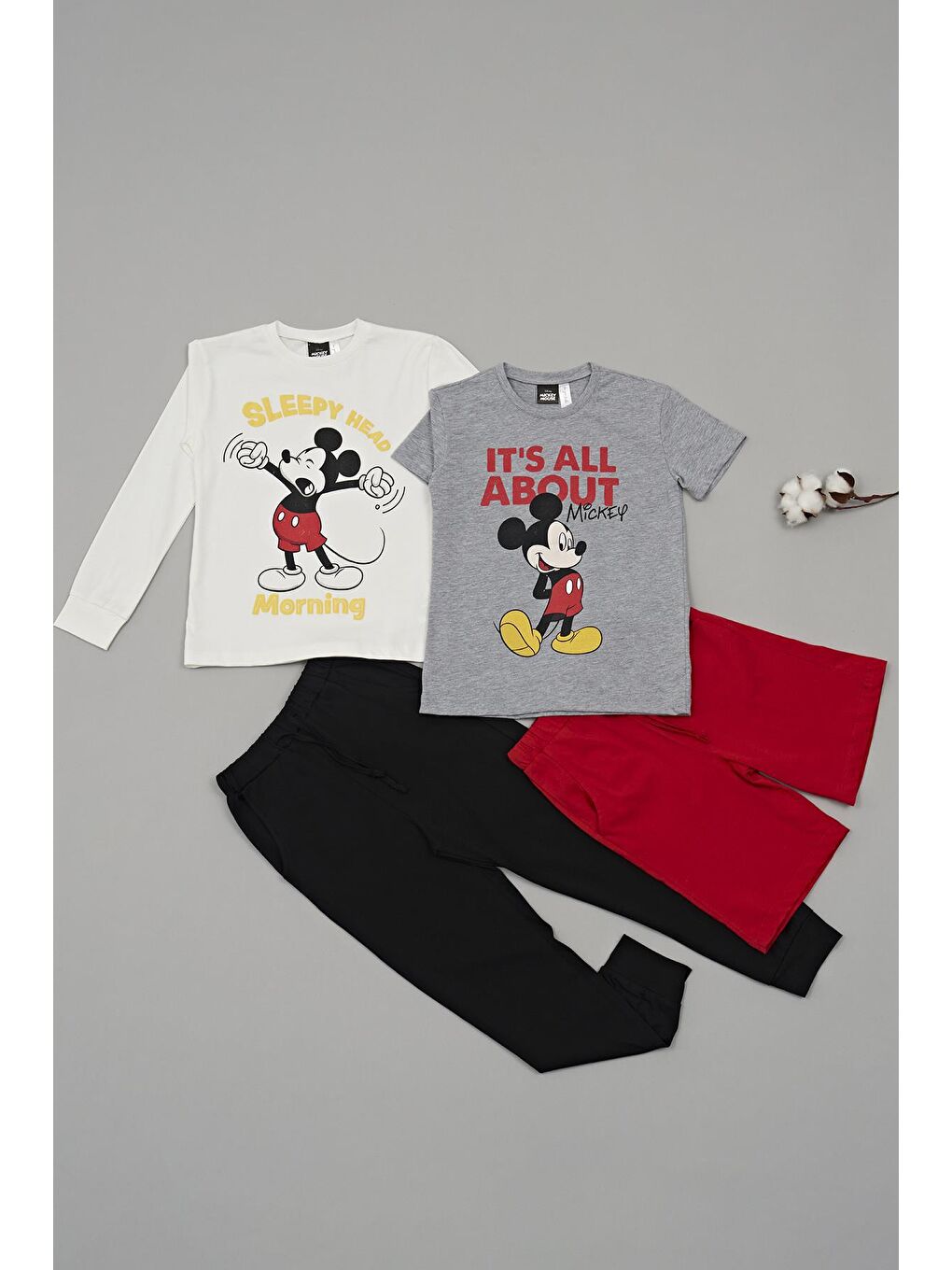 For You Kids Gri 4'lü Mickey Mouse Baskılı Tshirt Şort Pantolon Takım - 1