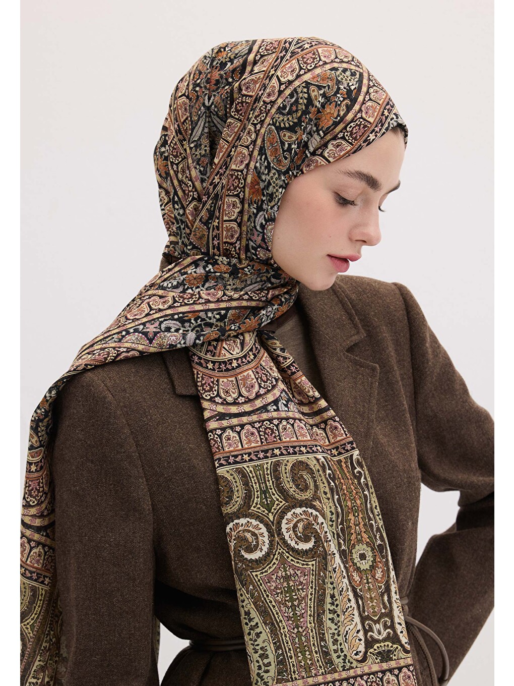 Kahverengi Nordıc Paısley Desen Şal Kahve-2